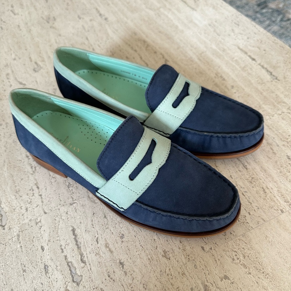 Cole Haan Suede Loafers-Two-Toned Navy Blue and Mint Green, Size 7